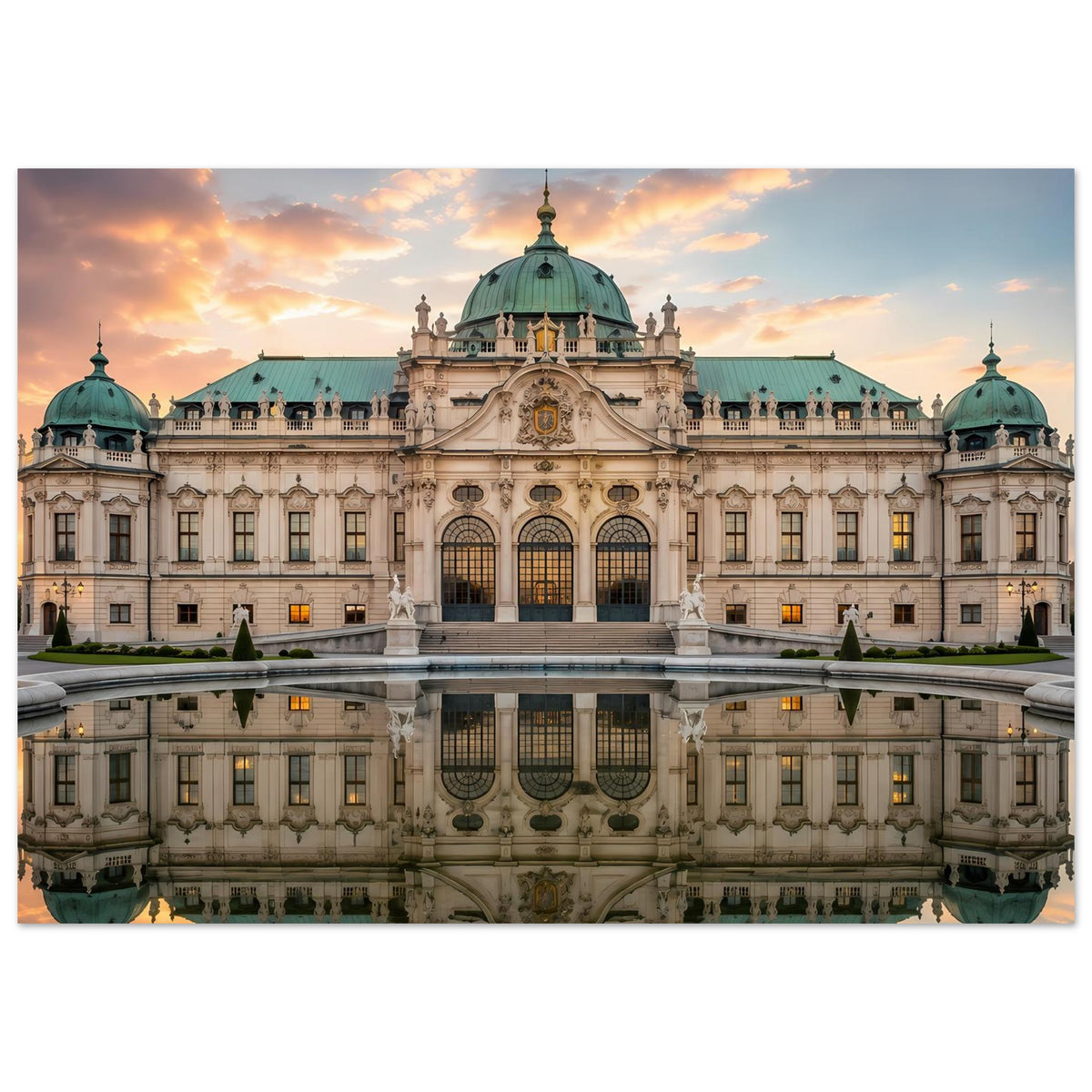 Schloss-Poster im Panorama mit Barockfassade, goldenem Torbogen und Wasserspiegelung