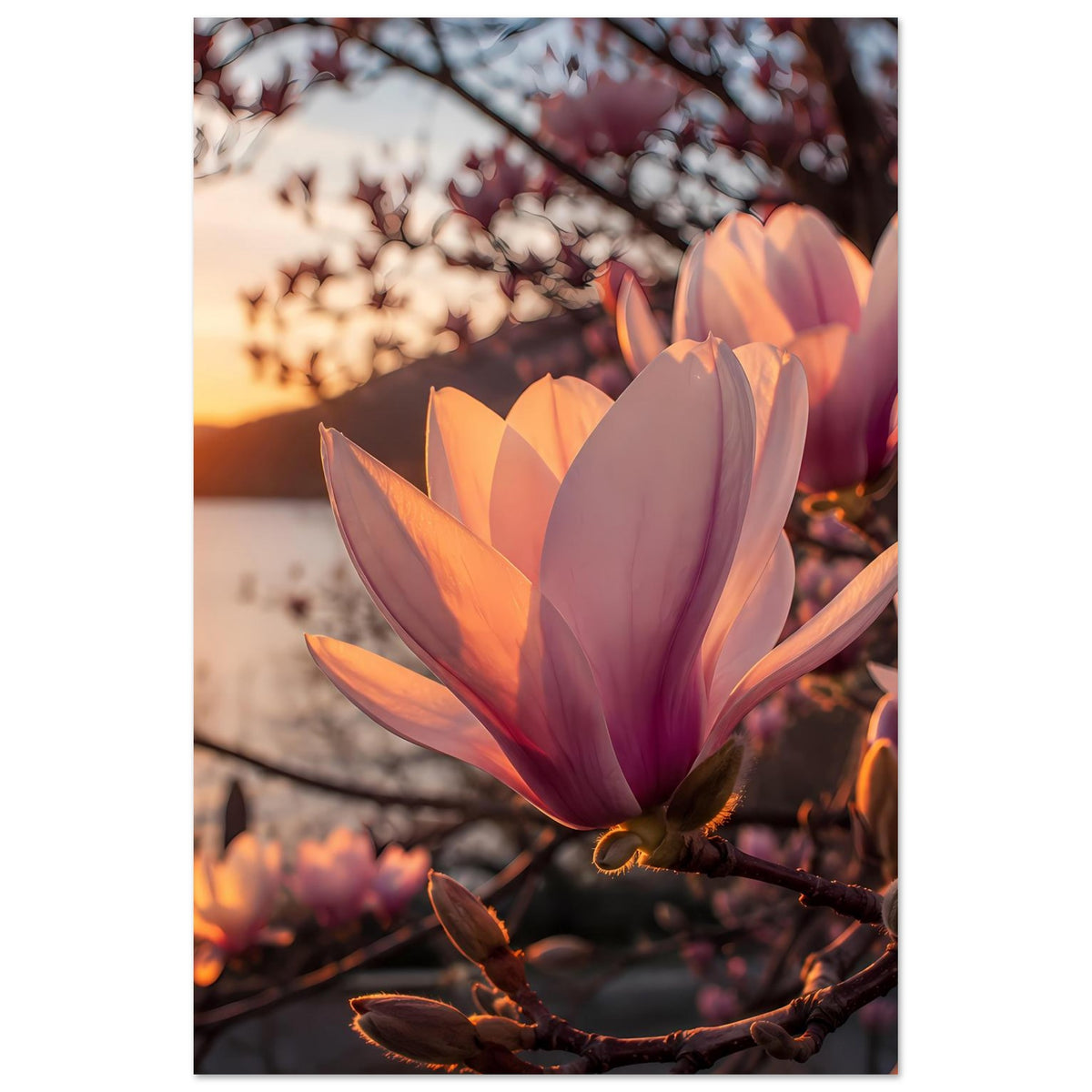 Magnolienblüten-Poster, vertikal: rosa-lila Blütenknospen am Zweig