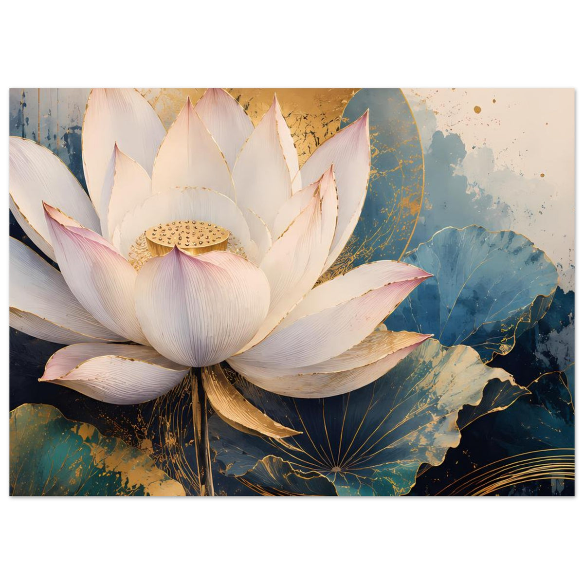 Lotusblumen-Poster mit nahen weißen Lotusblüten und gold-blauen Farbflächen im Hintergrund