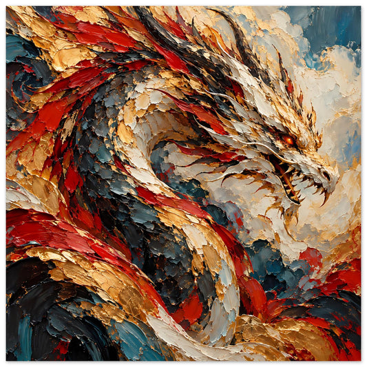 Fantasy-Poster: detailreicher Drache mit roten und goldenen Schuppen, ausgebreiteter Flügel