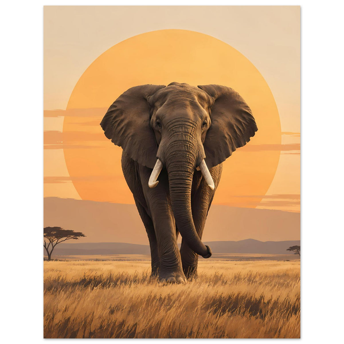 Elefantenposter im Großformat: Elefant mit erhobenem Kopf, orangefarbener Kreis im Hintergrund