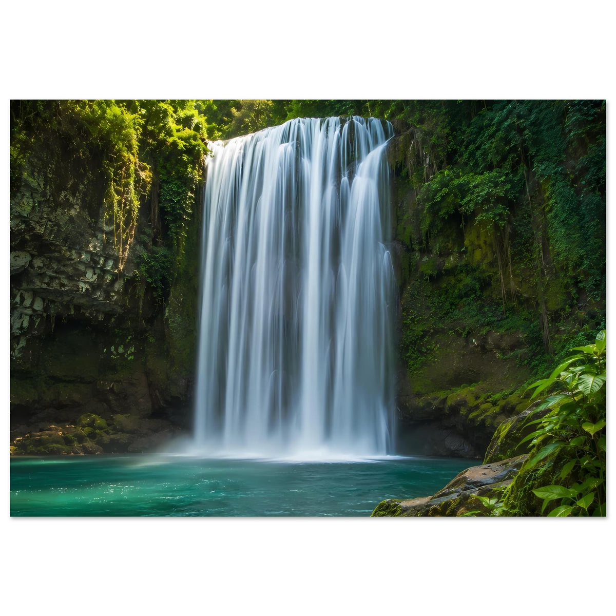 Wasserfall-Poster: tiefer Fall ins türkisgrüne Wasser, Grünpflanzen an den Felsen