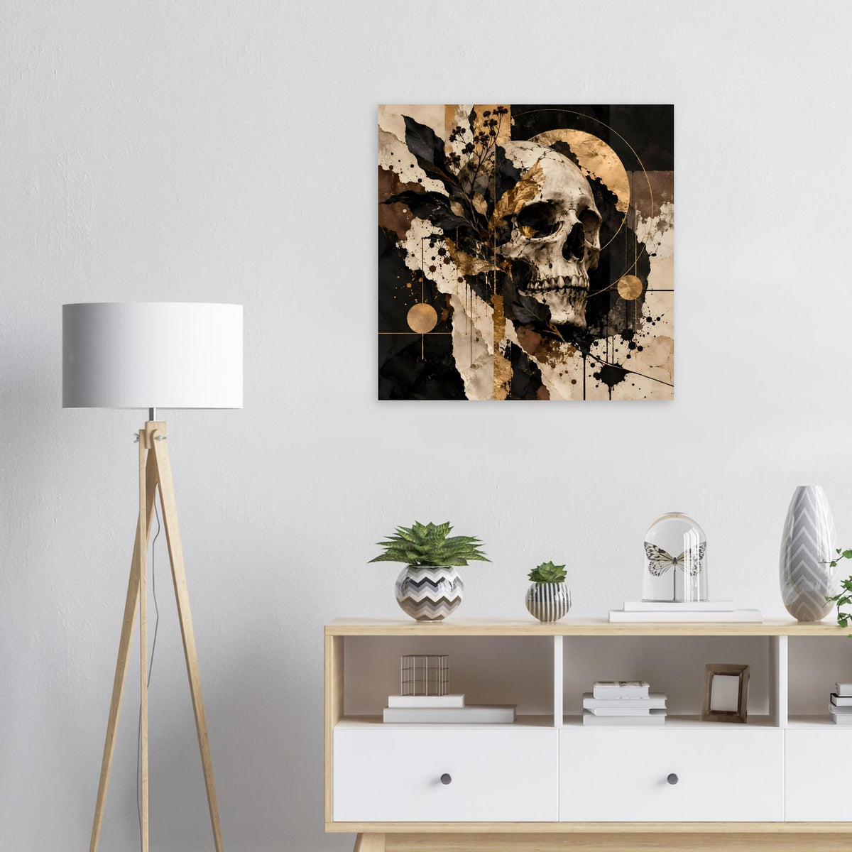 Kunstposter mit Totenschädel, schwarzer Hintergrund mit goldenen Kreisen und Spritzmuster
