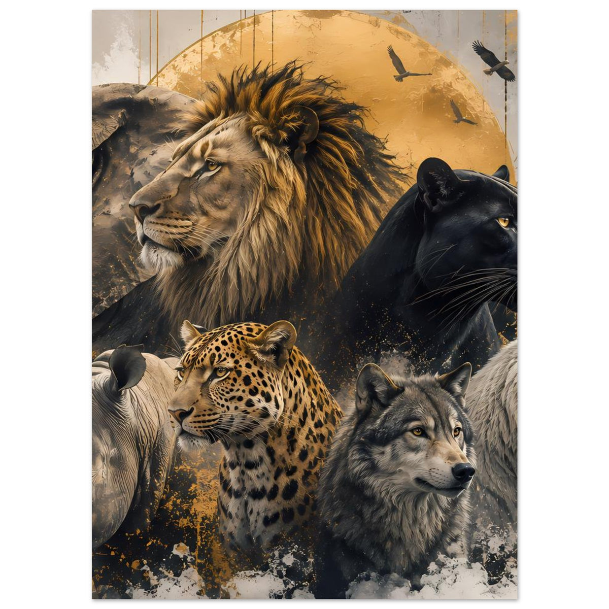 Wildtier-Poster (hochkant) mit Löwe, Panther, Leopard, Wolf und Elefant
