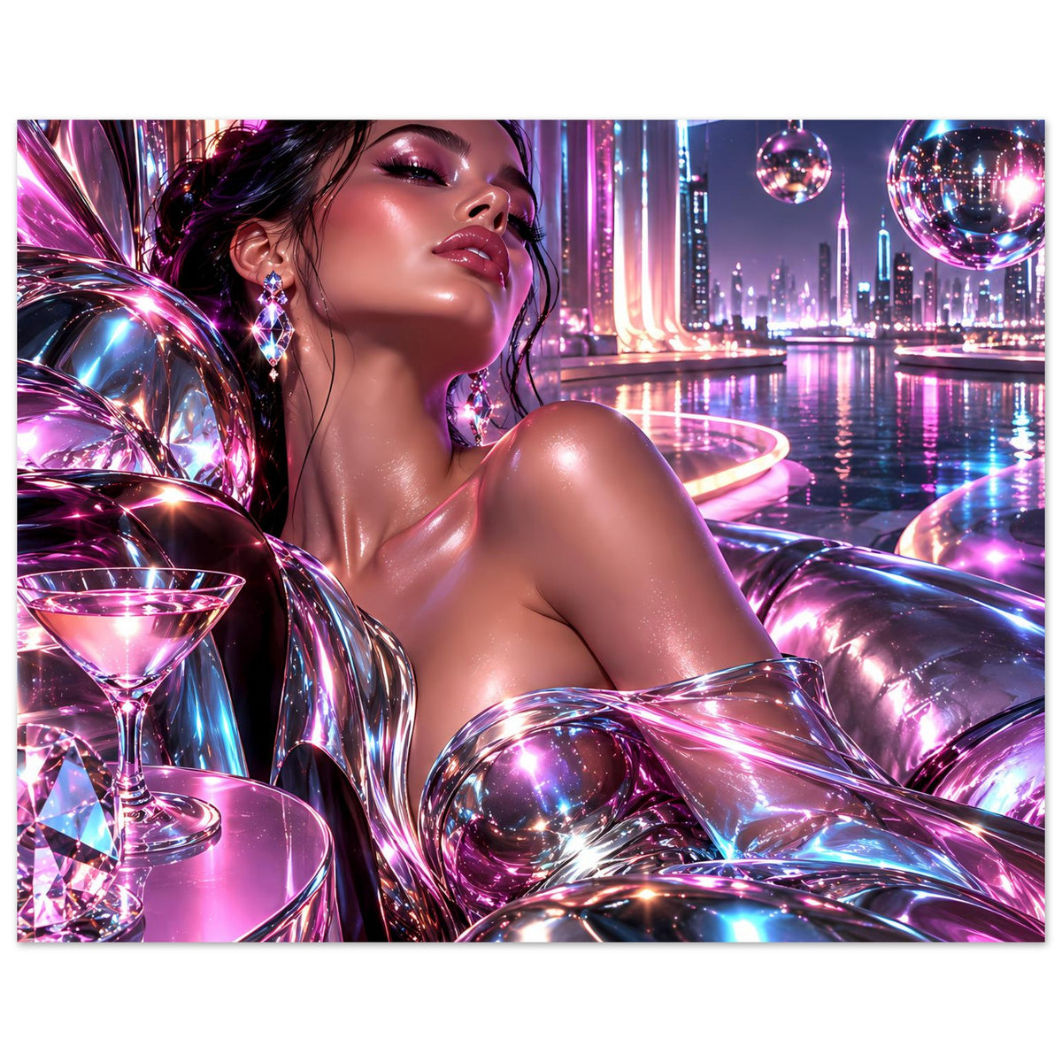 Neon-Glitzerposter mit Frau in silbrig-lila Oberflächen, Kugeln und futuristischer Skyline
