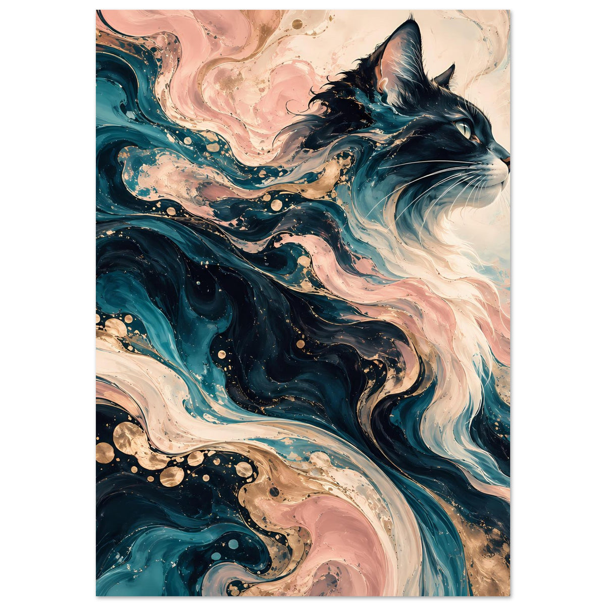 Abstraktes Poster mit Katzenkopf im Profil, türkis-schwarze Wellen, hellcreme Mähne, Hochformat