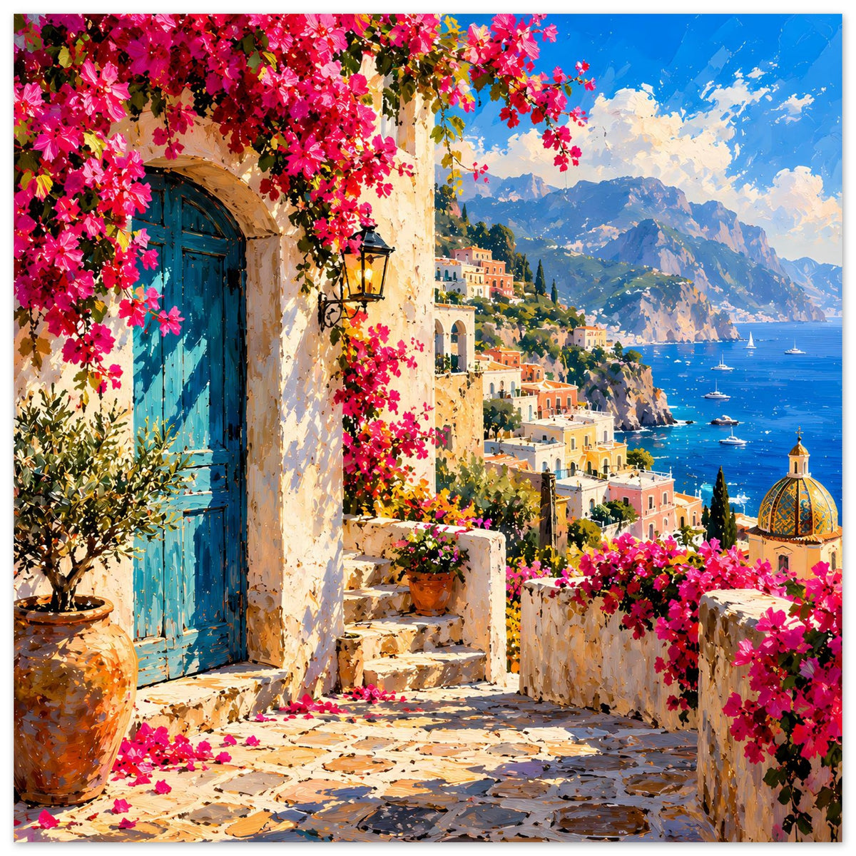 Mediterranes Poster mit blauer Tür, Treppe, üppigem Bougainvillea und türkisblauem Meer
