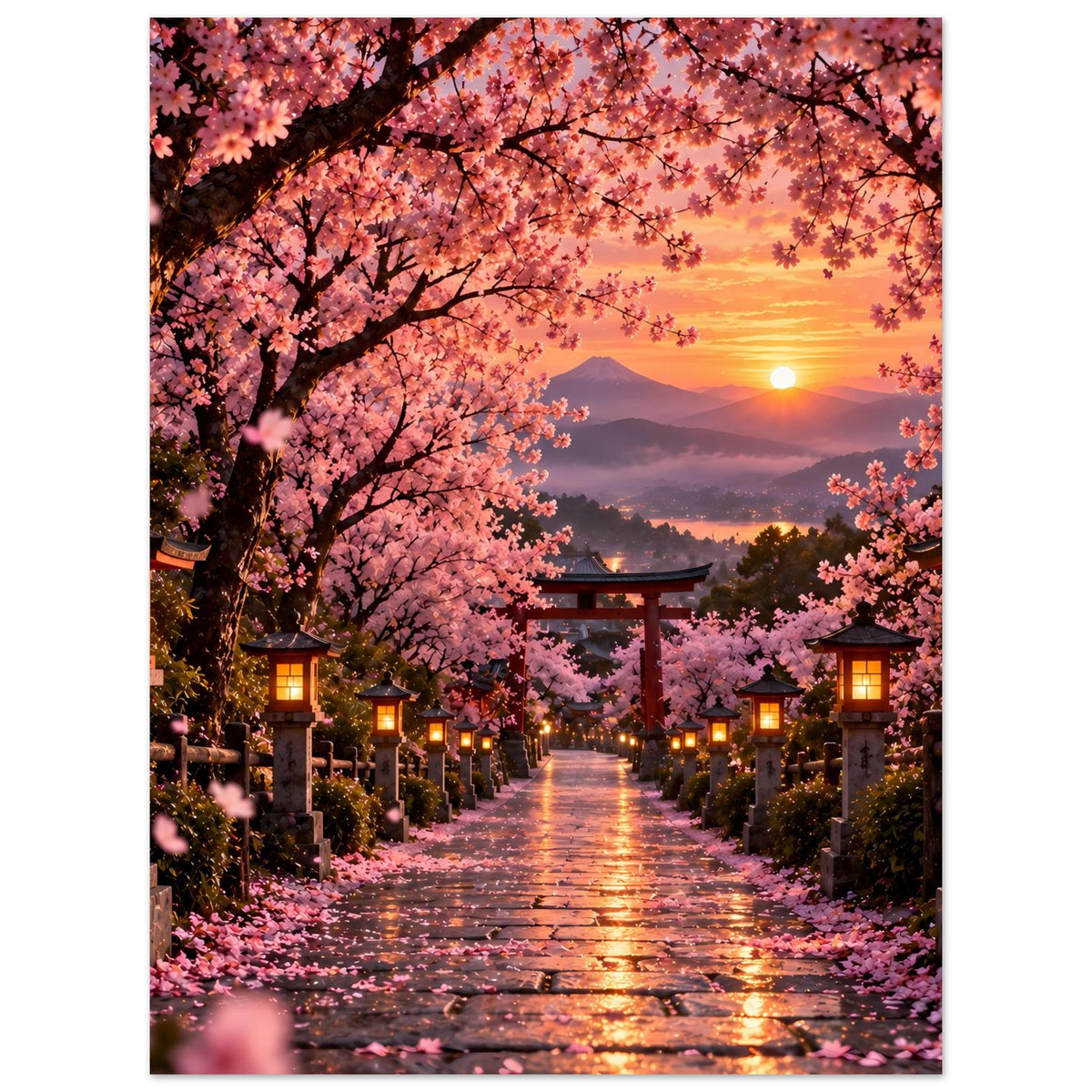 Japanisches Sakura-Poster mit Torii-Tor, Kirschblütenweg und warmem Sonnenuntergang