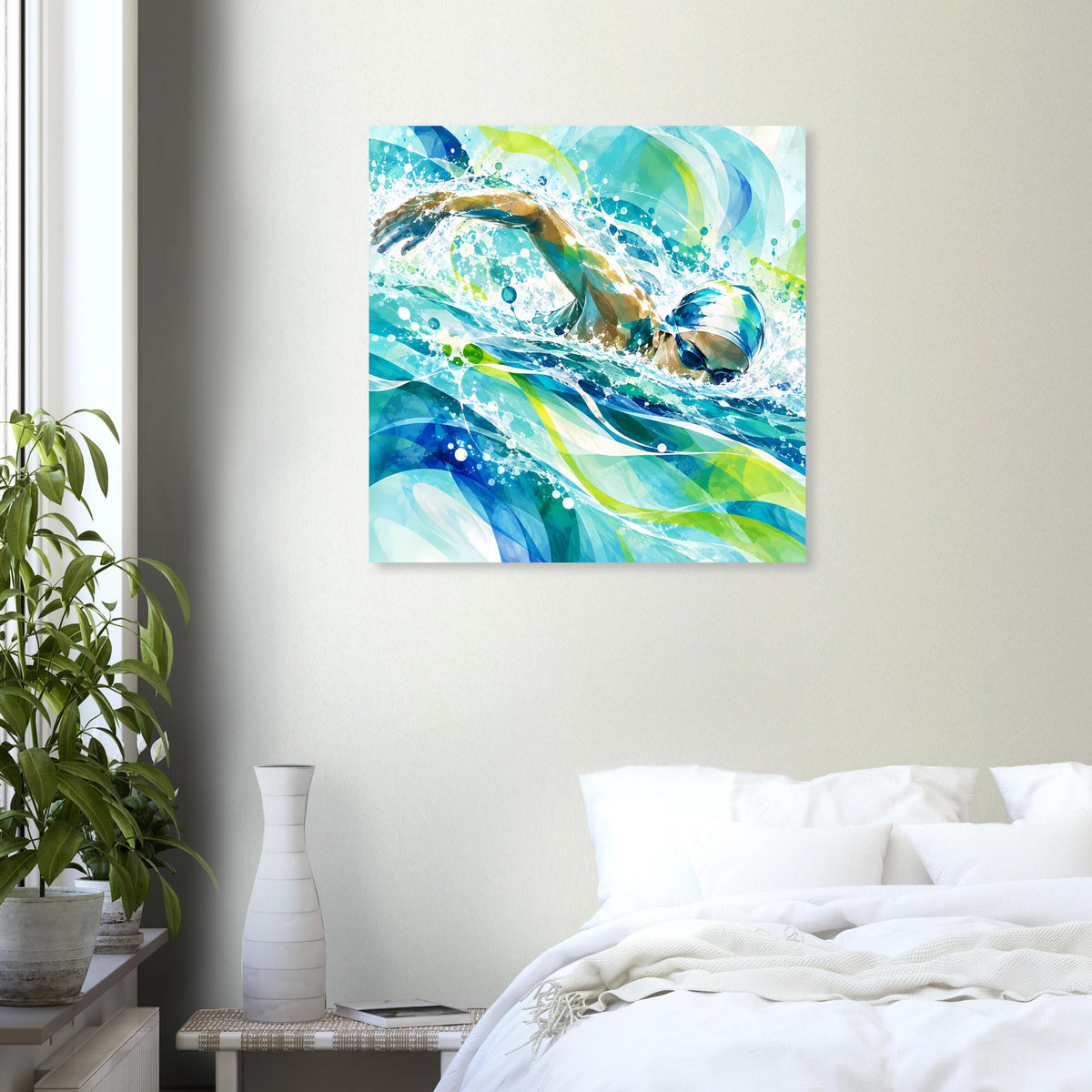 Kunstposter mit Delphin im Wasser, Spritz- und Blaseneffekte in Blau- und Grüntönen