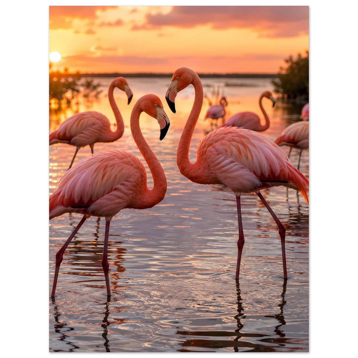 Wandposter mit rosa Flamingos im Sonnenuntergang, Wasserspiegelung und mehreren Vögeln