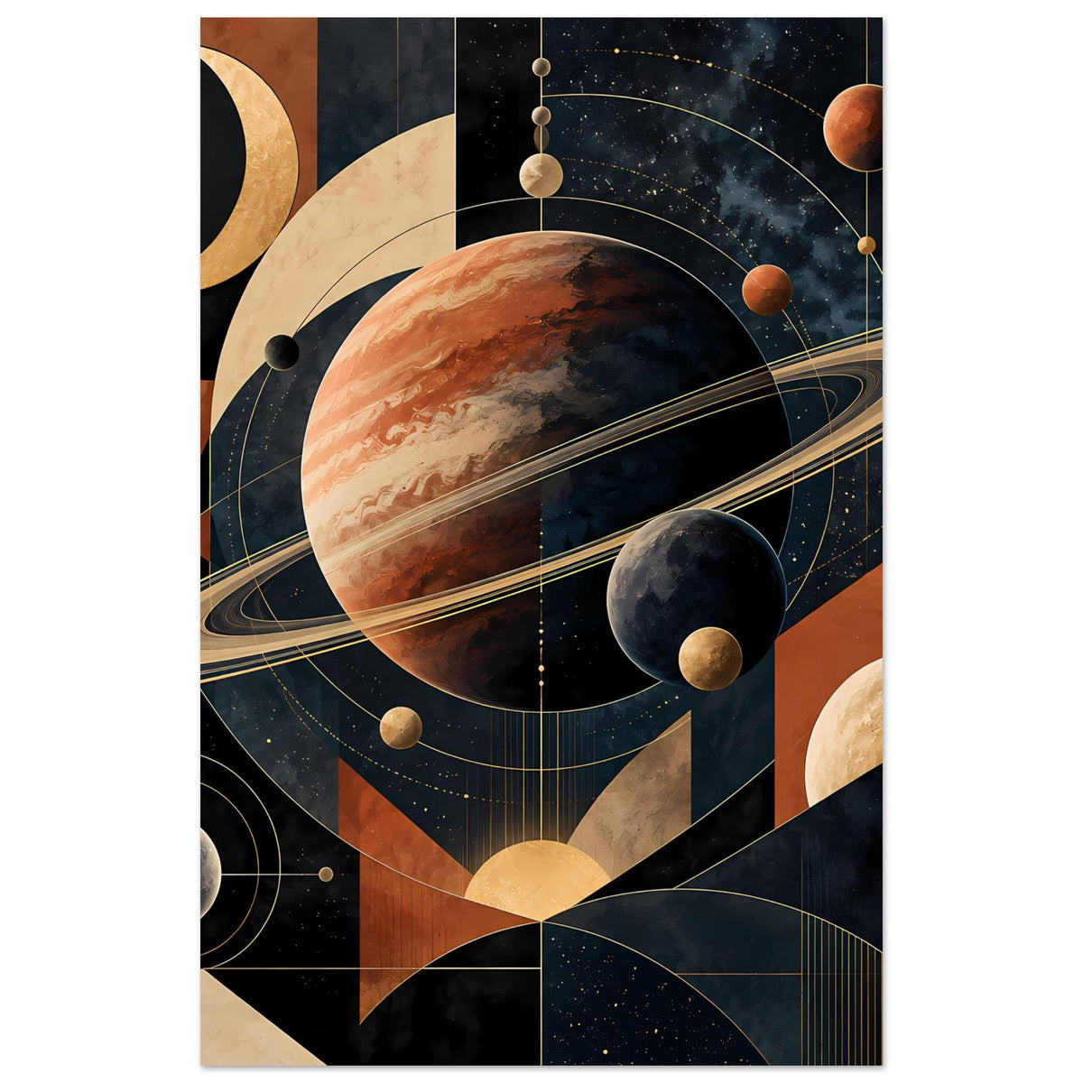 Vertikales Poster mit Planet und Saturnring, Kreisen und Rechtecken in warmen Farbtönen