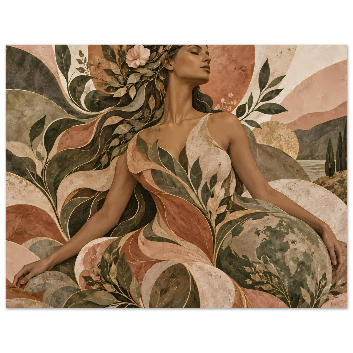 Naturverbundenes Kunst-Poster (Querformat) Frauengestalt im Pflanzenmotiv, erdige Farbpalette