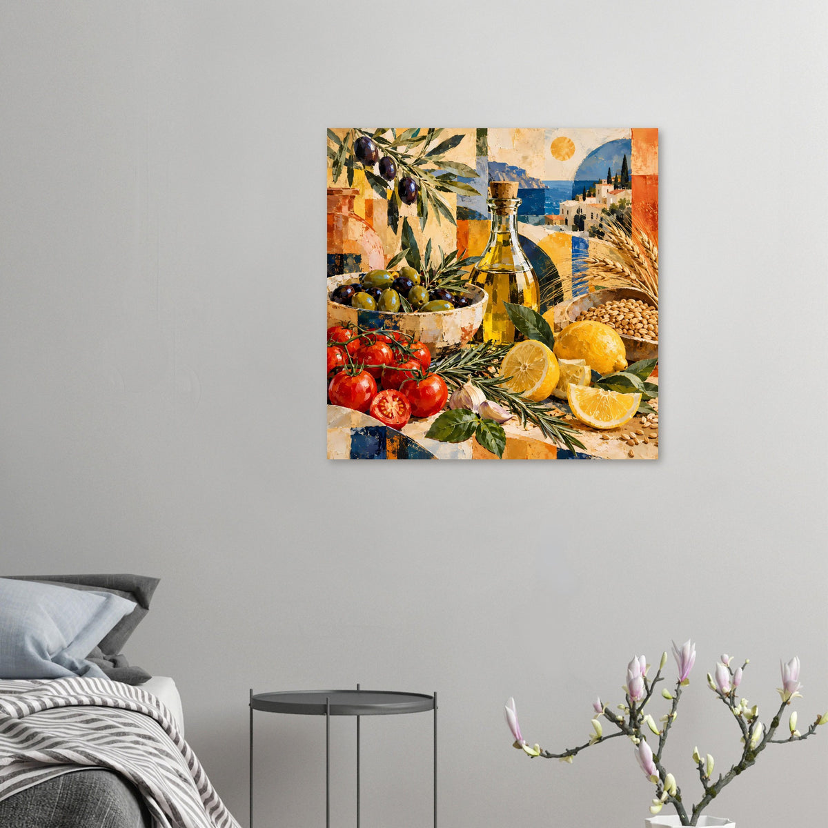 Kleines Wandposter mit mediterranem Stillleben: Ölflasche, Oliven, Tomaten und Zitronen