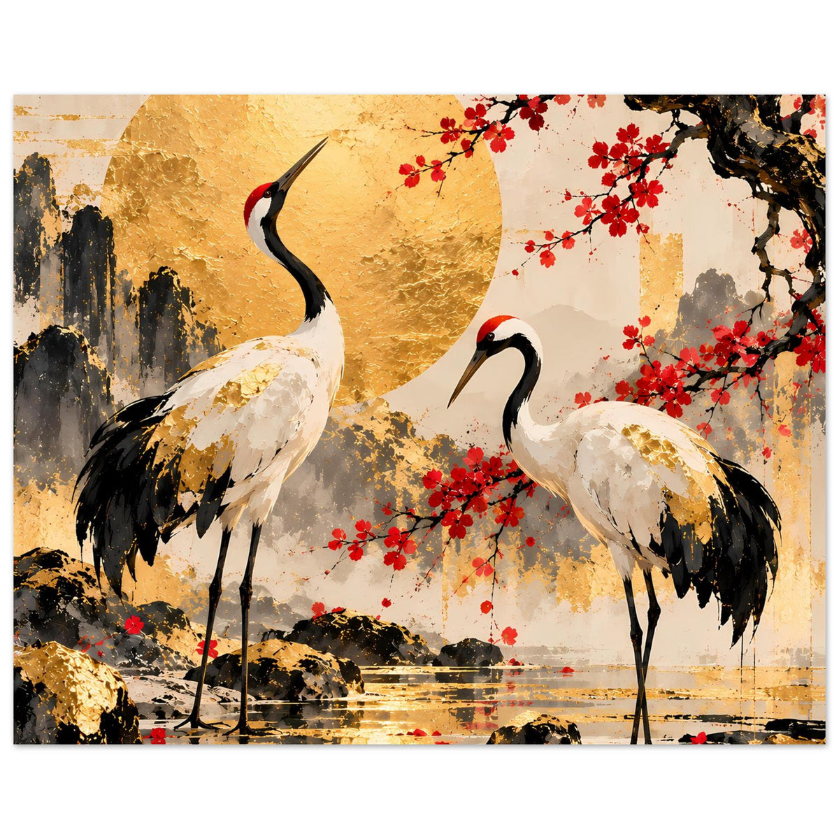Poster mit Kranichen und goldener Mondscheibe, roten Kirschblüten, dunklem Hintergrund und Wasserstreifen