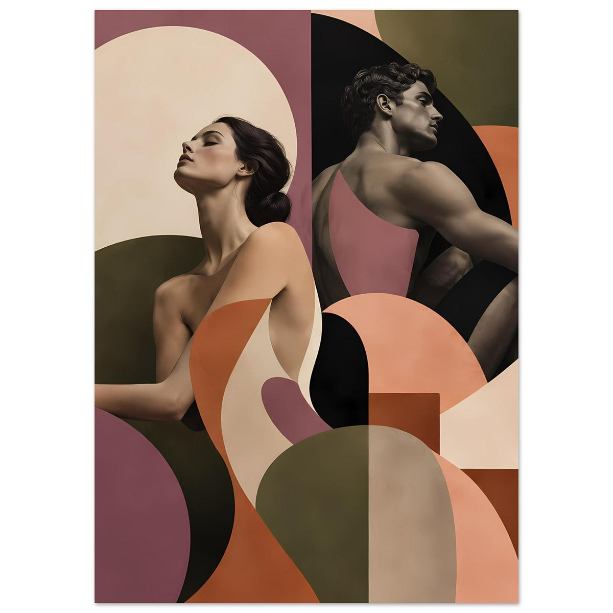 Figurenposter mit zwei Figuren im Hochformat, großflächige Farbbahnen in Terrakotta und Mauve.