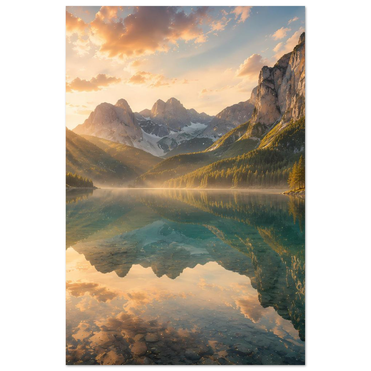 Kunstdruck mit Bergsee-Landschaft, Felsen, Nadelwald und Sonnenaufgangsreflexion