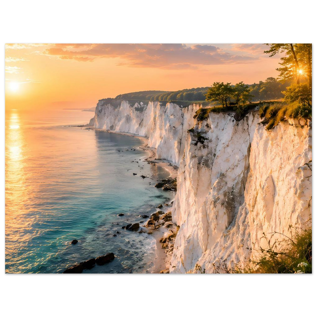 Gerahmtes Poster mit Küstenklippe und Meer bei Sonnenuntergang, Felsküste rechts