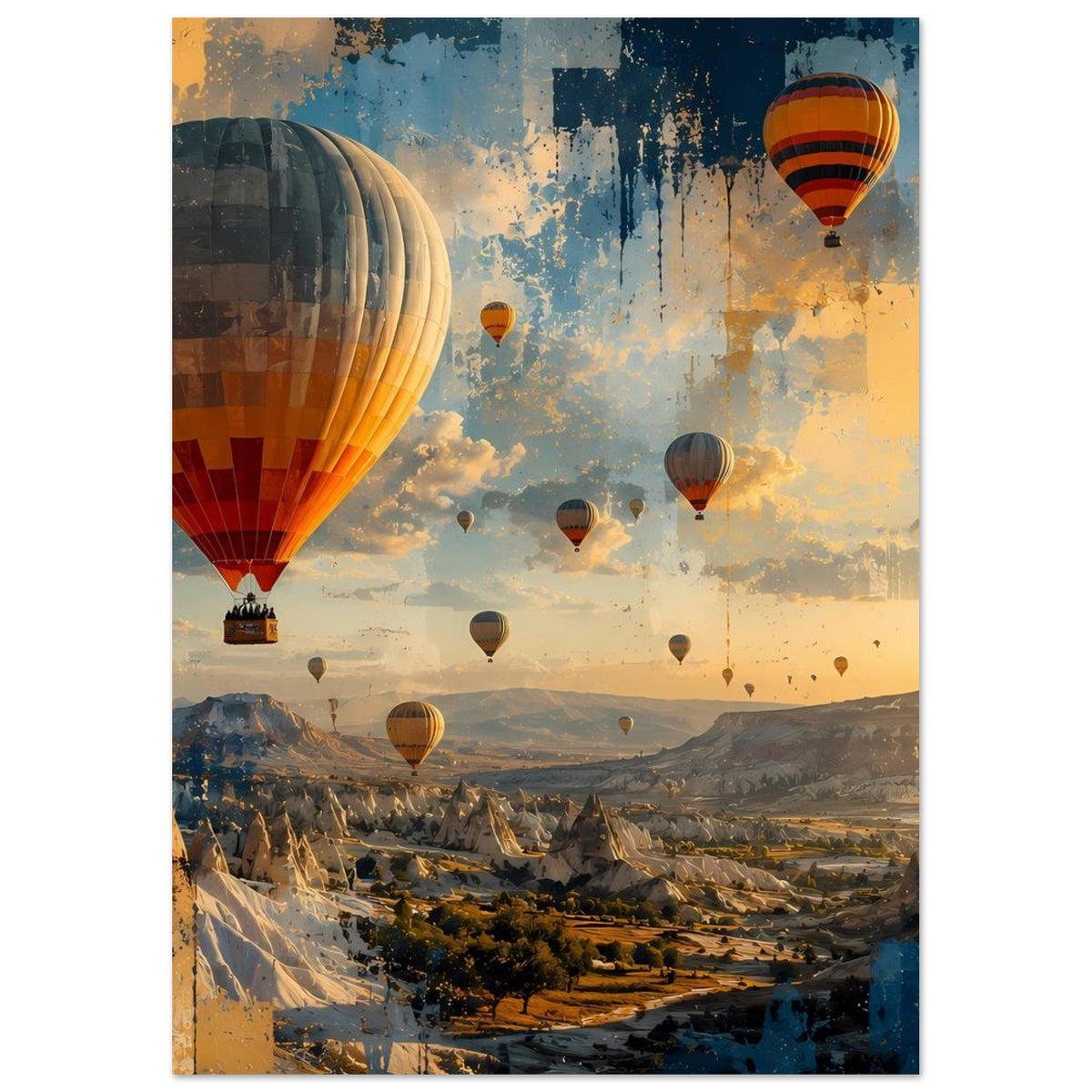 Poster mit Heißluftballons, großer Ballon links, weite Berge und Tal im unteren Bereich