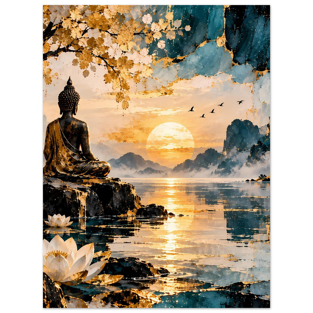 Buddha-Poster mit goldblauem Sonnenuntergang, sitzendem Buddha auf Steinen und Lotussen