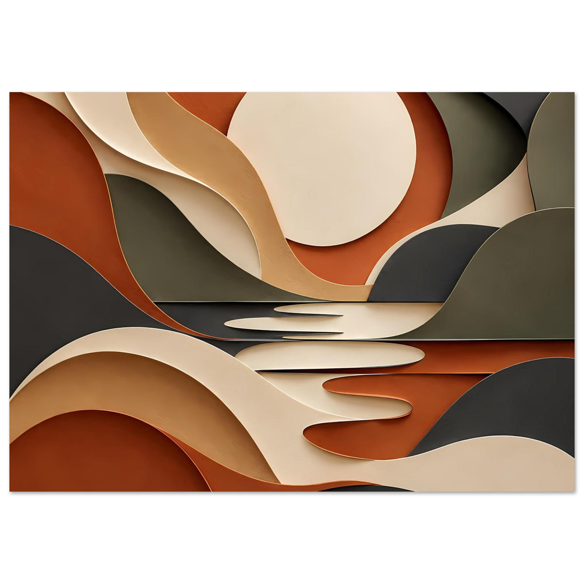 Kunstposter mit großen Halbkreisen und verschlungenen Linien in Terrakotta, Salbeigrün, Beige