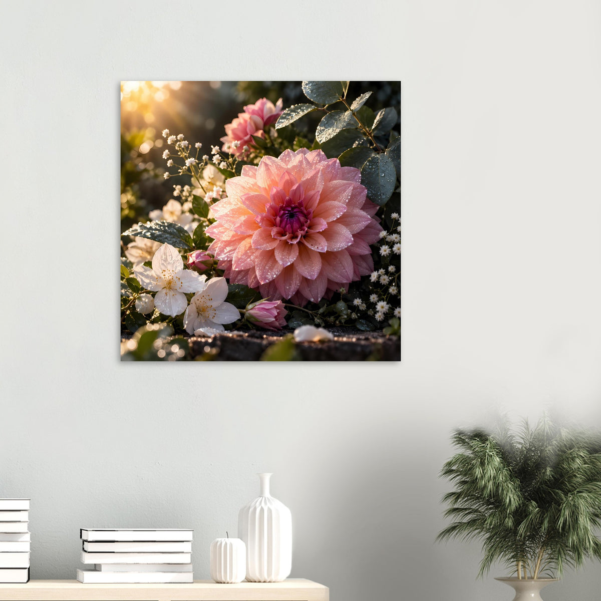 Blumenposter mit rosa und weißen Blüten auf dunklem Hintergrund