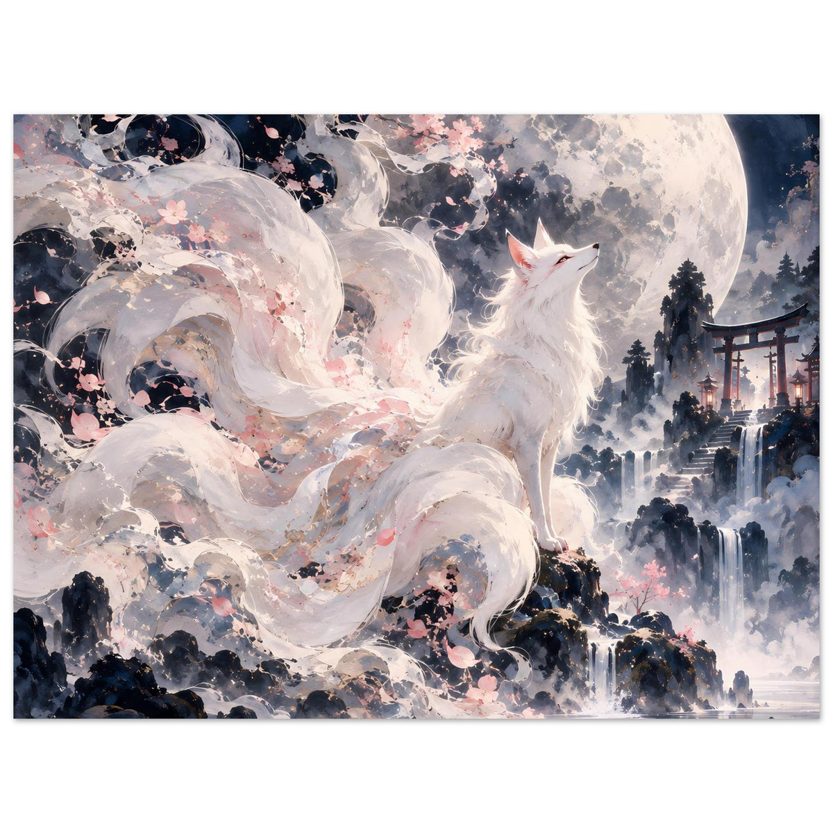 Fantasy-Poster in Querformat: weißer Fuchs, Vollmond, Kirschblüten und detailreiche Hügelstadt.