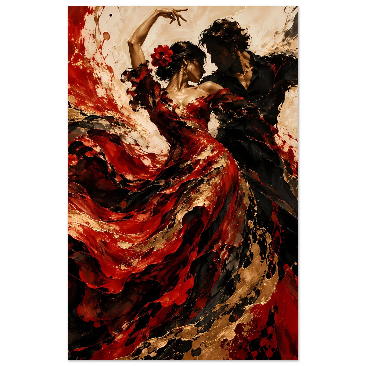 Vertikales Poster mit Flamenco-Tanzmotiv: Frau im roten Kleid, schwarze Figur rechts