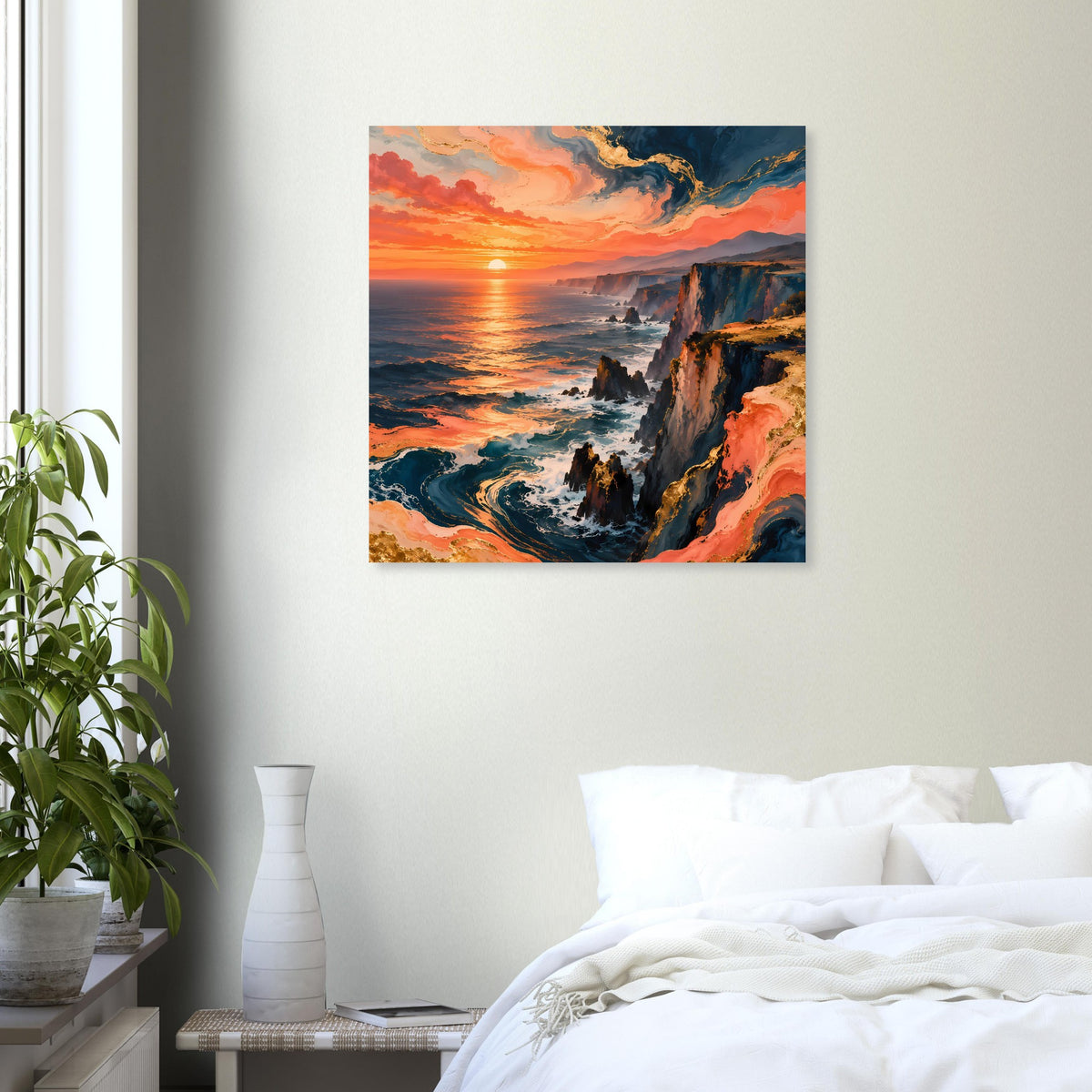 Posterdruck: Sonnenuntergang an Klippenküste mit ruhigem Meer und leuchtenden Wolken