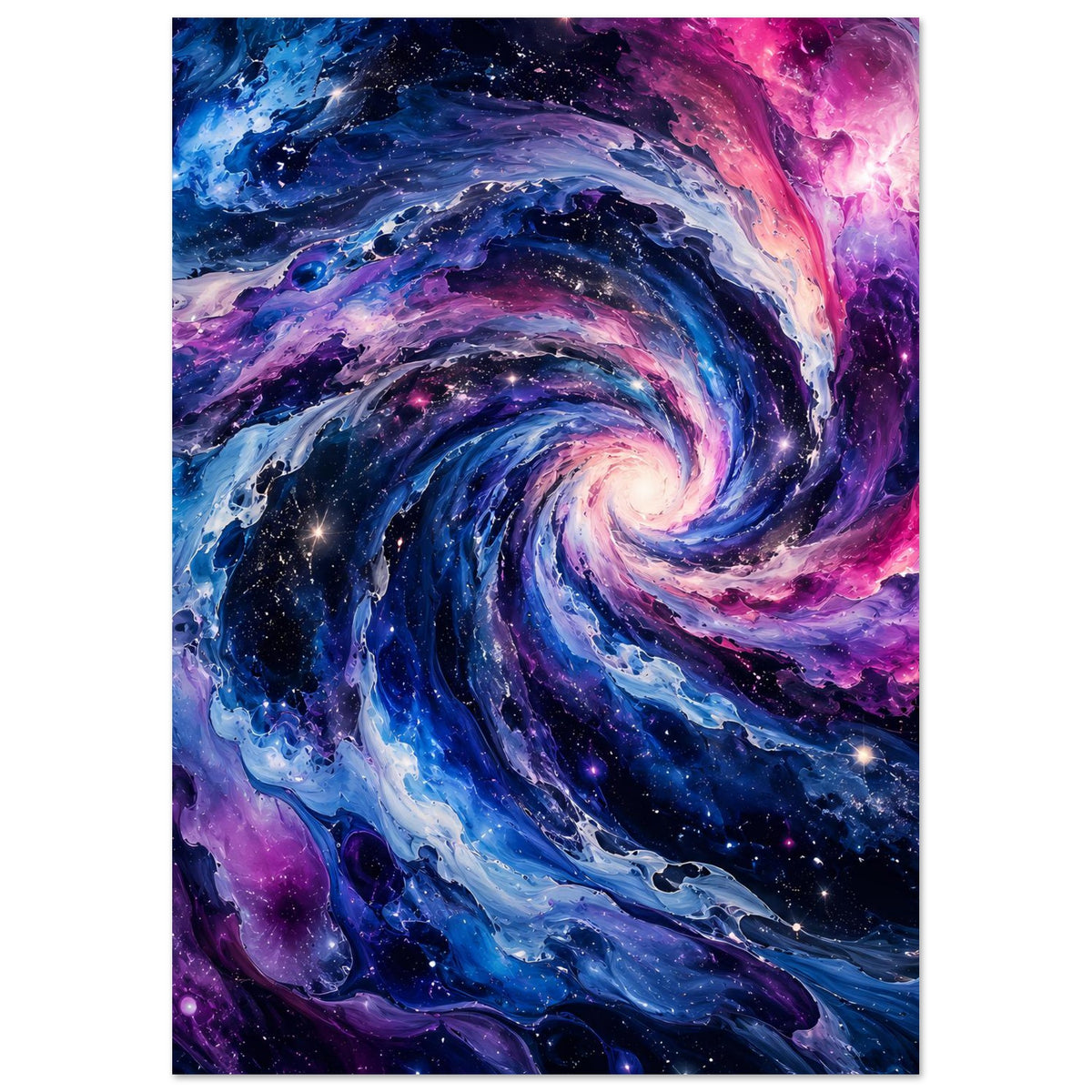 Vertikales Poster mit galaktischem Wirbel, violette Lichtkegel und blaue Spiralstränge