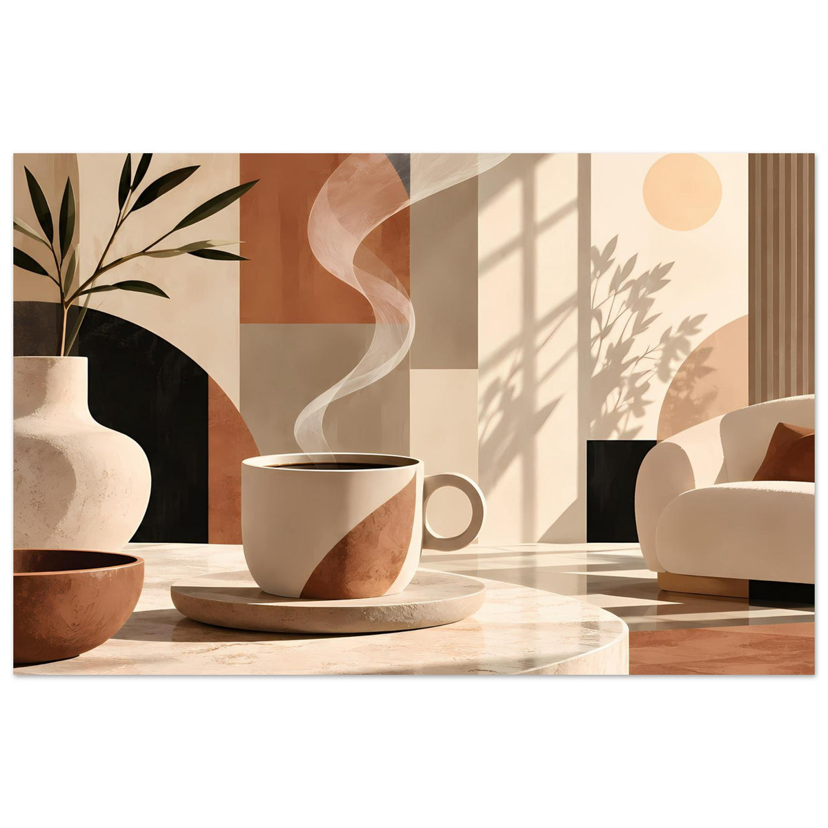Poster mit warmen Abstraktionen: Tasse auf Tablett, Vase mit Blättern und geometrischen Formen