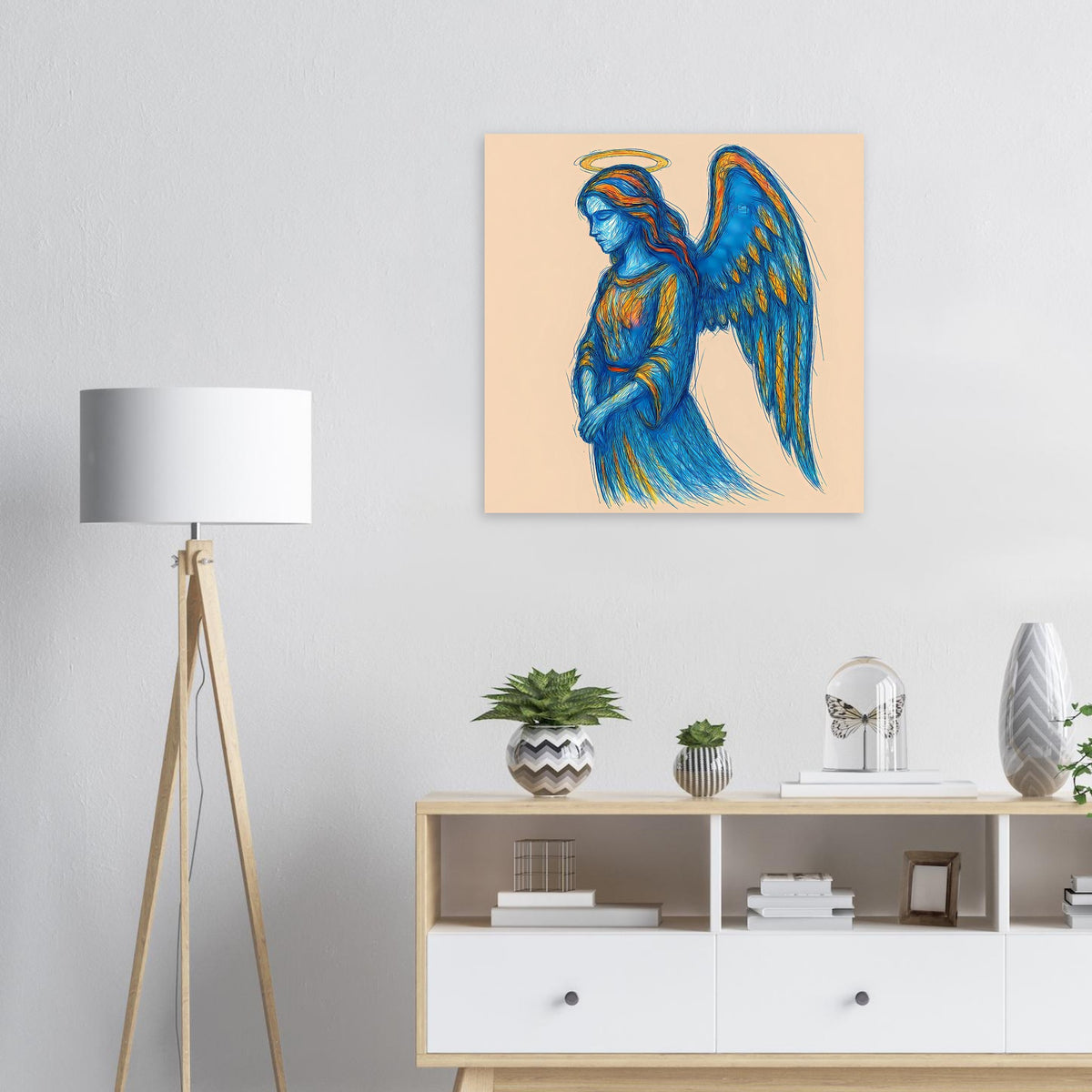 Blaues Engels-Porträt als Poster, stehende Figur mit Flügeln und Heiligenschein