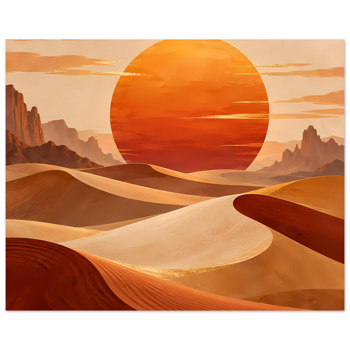 Poster im Querformat: Wüstenbild mit großer orangefarbener Sonne und hellen Sandkuppen