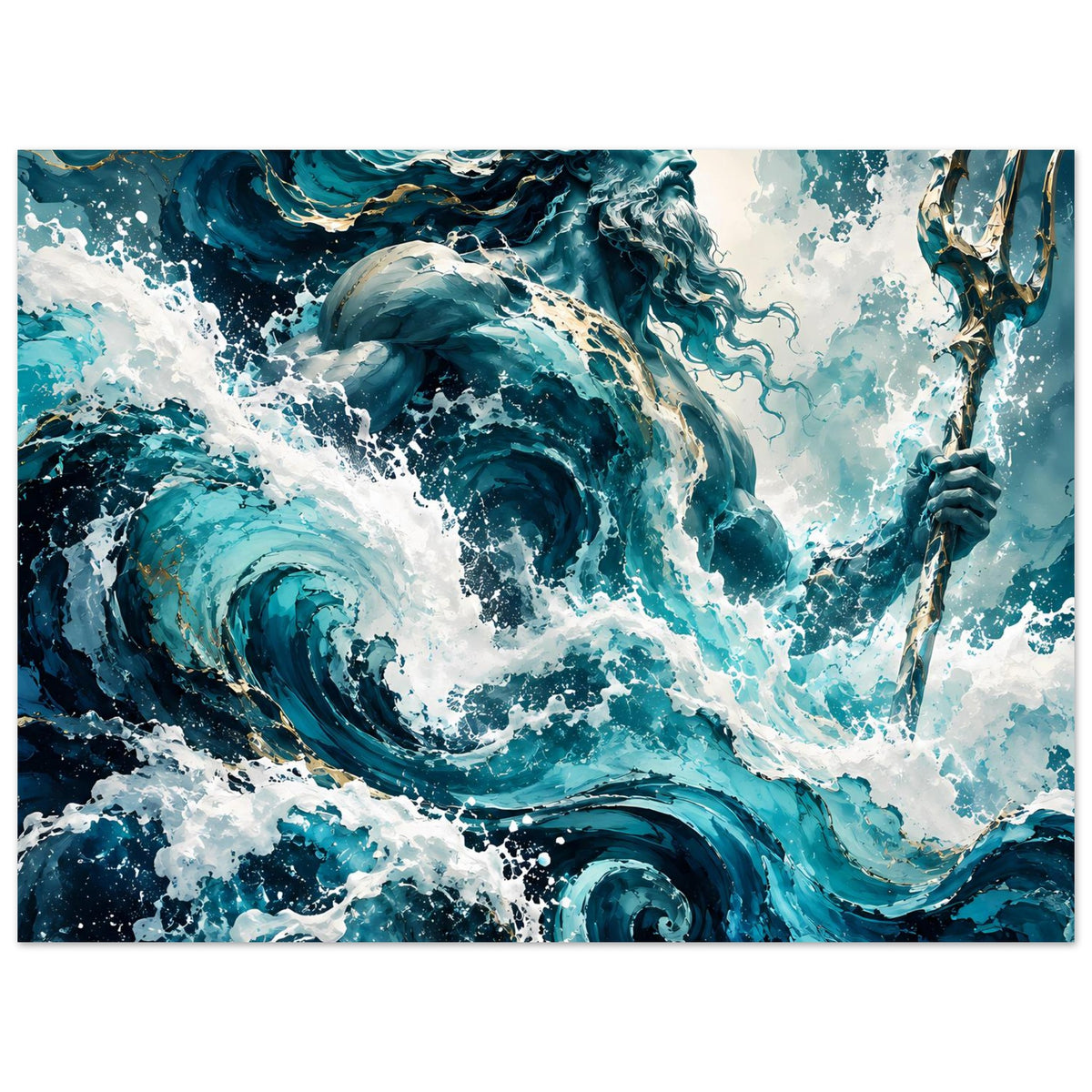 Querformat-Poster mit Meer-Gott-Motiv: blaue Wellenwirbel, weißer Sprühnebel und goldener Dreizack.