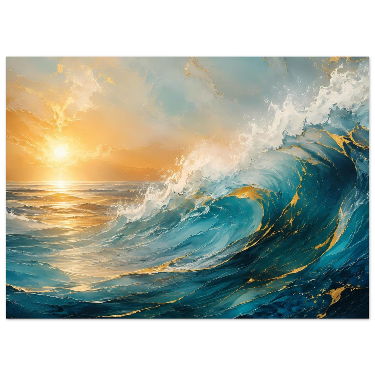 Horizontales Poster mit Ozeanwellen, blauem Wasser und goldgelbem Sonnenuntergang