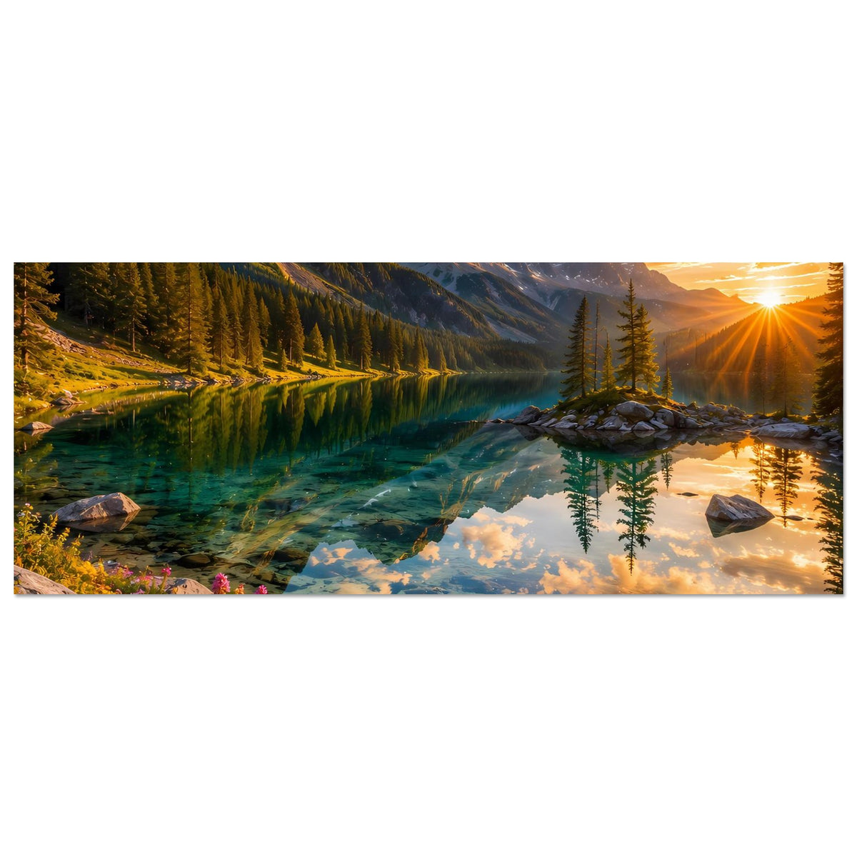 Horizontales Landschaftsposter mit Bergtal, türkisfarbenem Bach und Sonne im Westen