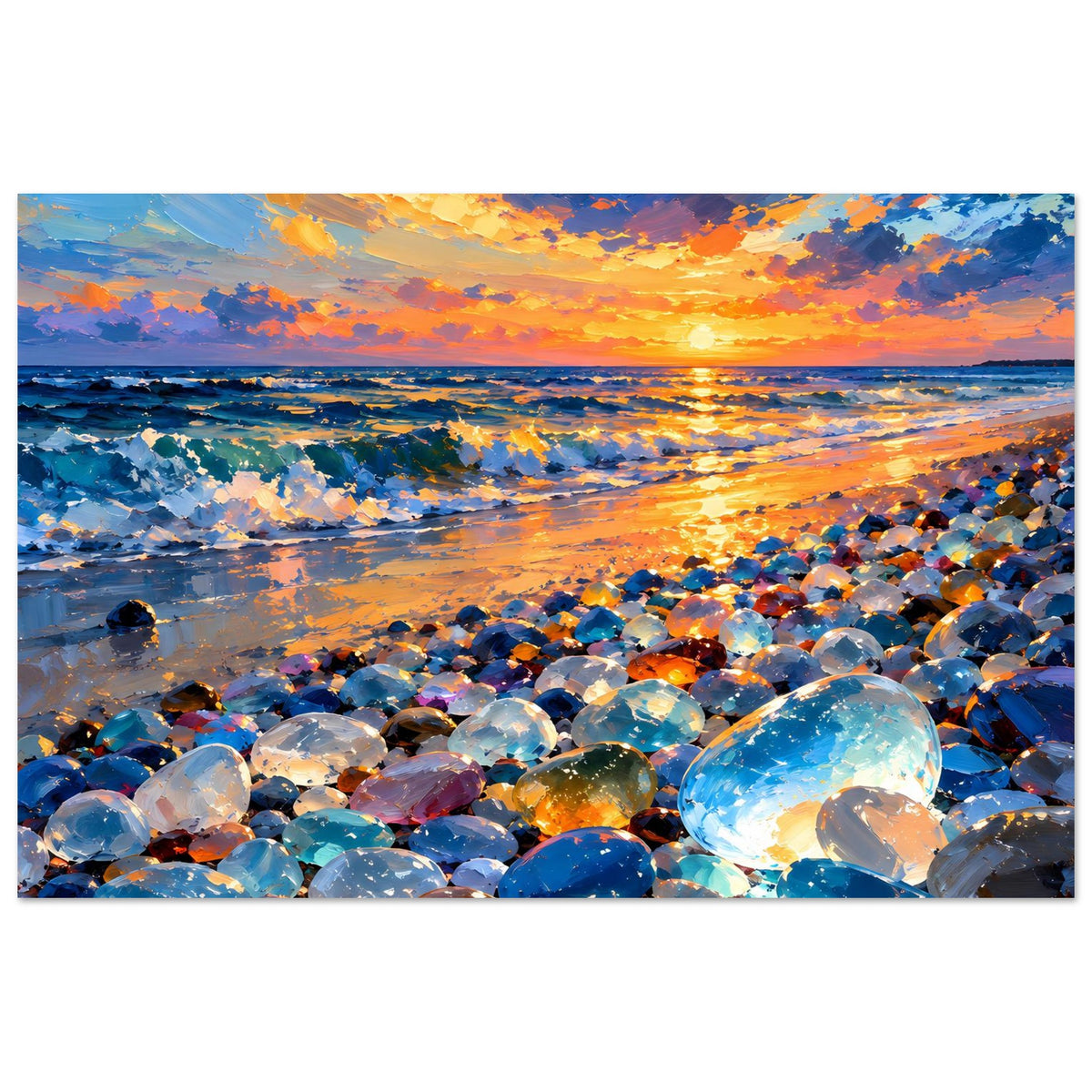 Meer-Poster im Querformat mit goldenem Sonnenuntergang und schimmernden Glassteinen