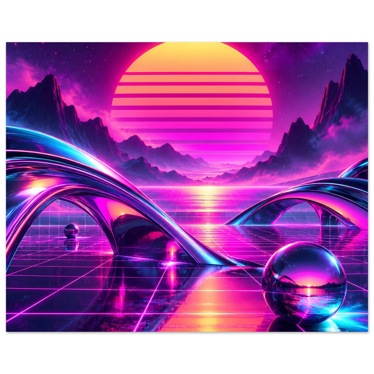 Neon-Science-Fiction-Poster mit retro Sonnenuntergang, Kreis-Sonne, Neonstraßen und Glaskugel