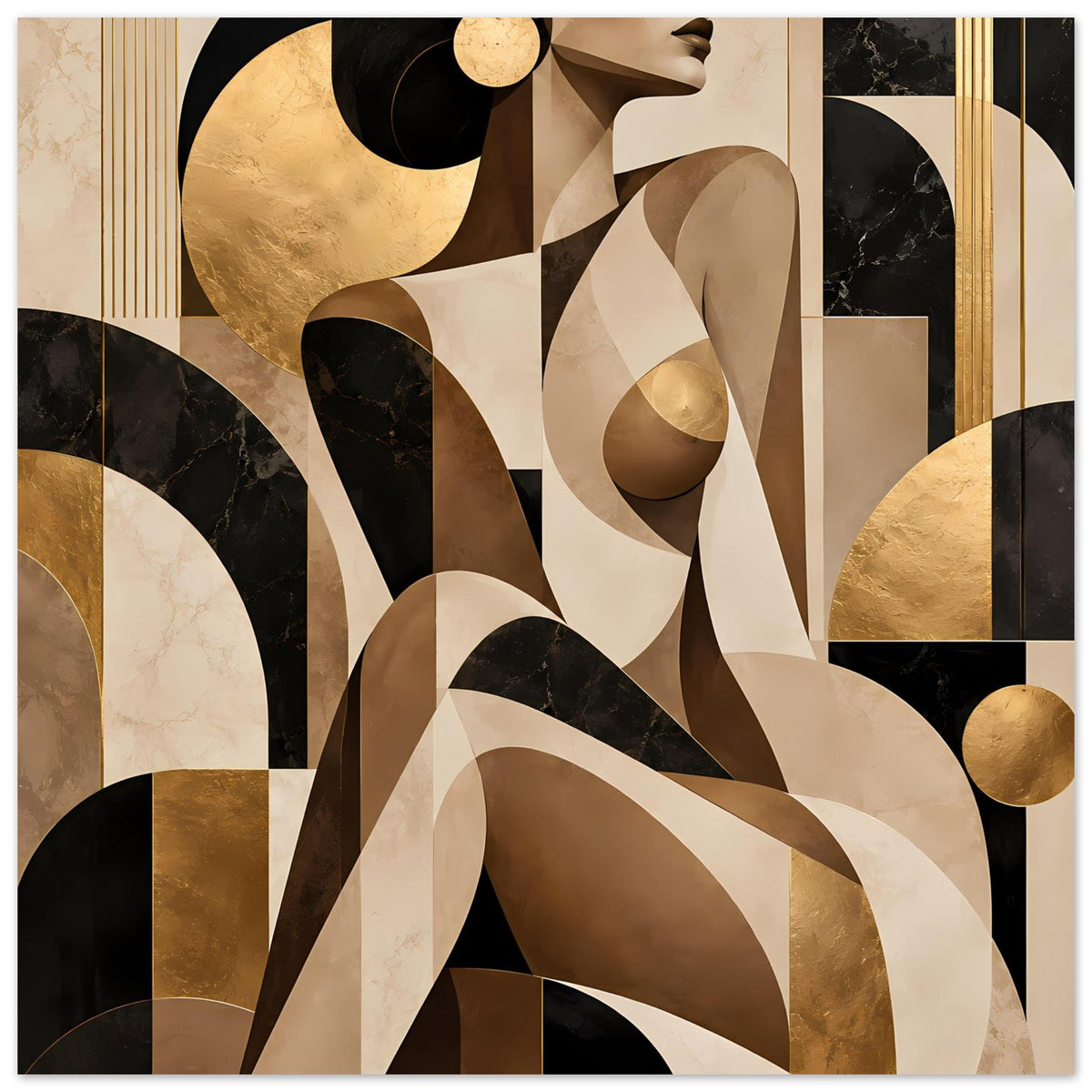 Abstraktes Kunstposter im Querformat: Gold, Beige und Braun mit dunklen, marmorartigen Flächen