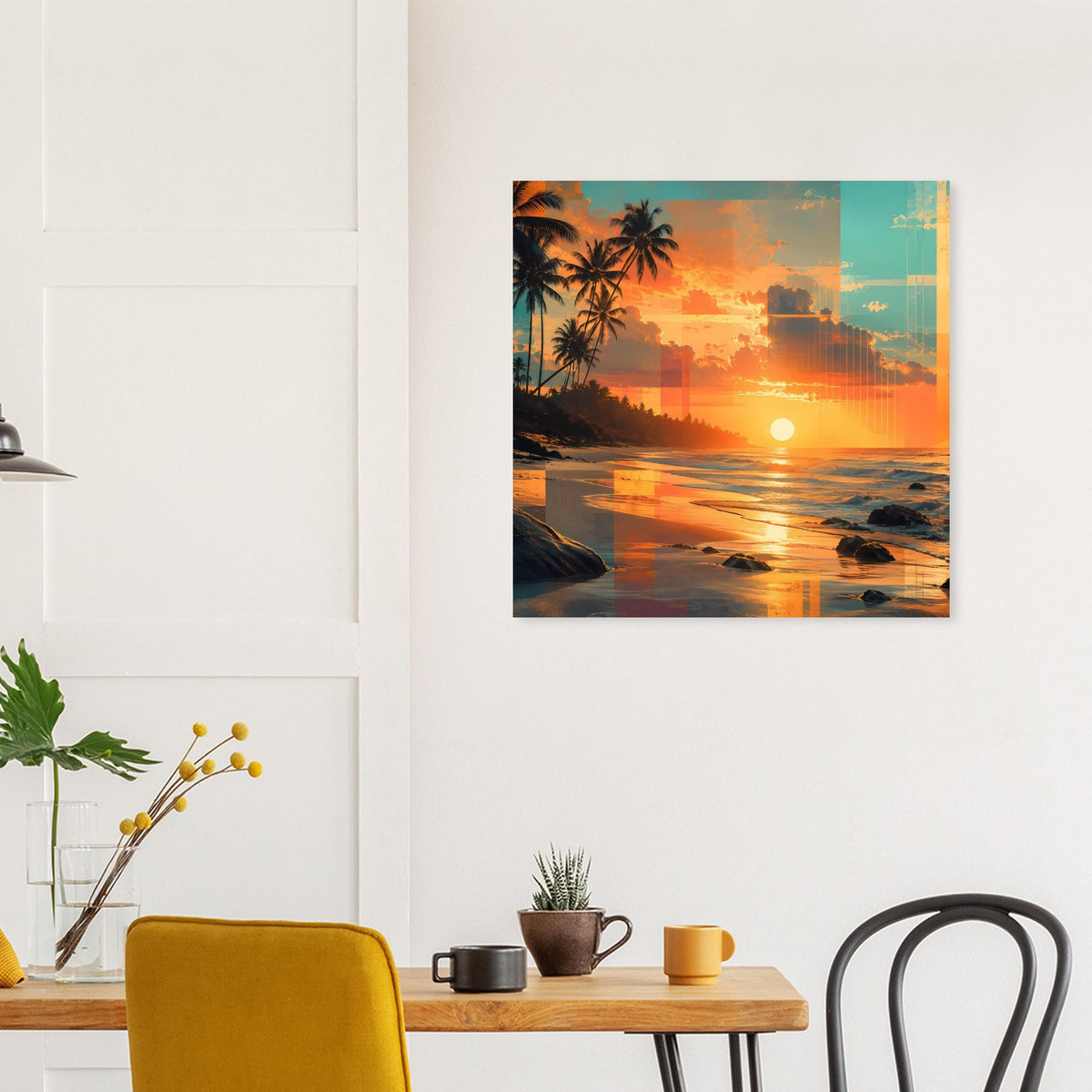 Poster mit Sonnenuntergang am Meer, Palmen und warmen Reflexionen