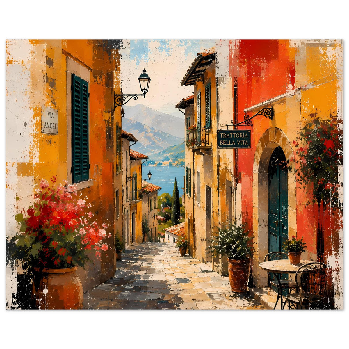 Kunstdruck-Poster mit italienischer Gasse, kräftige Farben, Torbogen und Kübelpflanzen