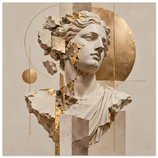 Kunstposter mit fragmentierter klassischer Büste, beigem Stoff und goldenen Akzenten