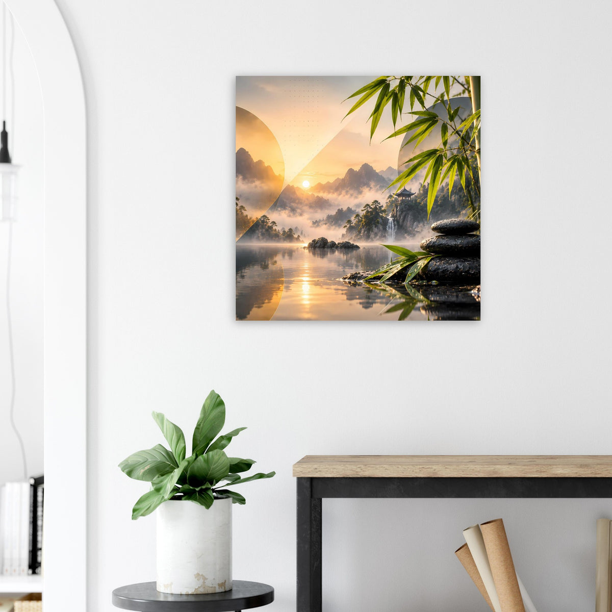 Zen-Bergsee-Poster mit Sonnenaufgang, Bambuszweigen rechts und Steinstapel am Ufer