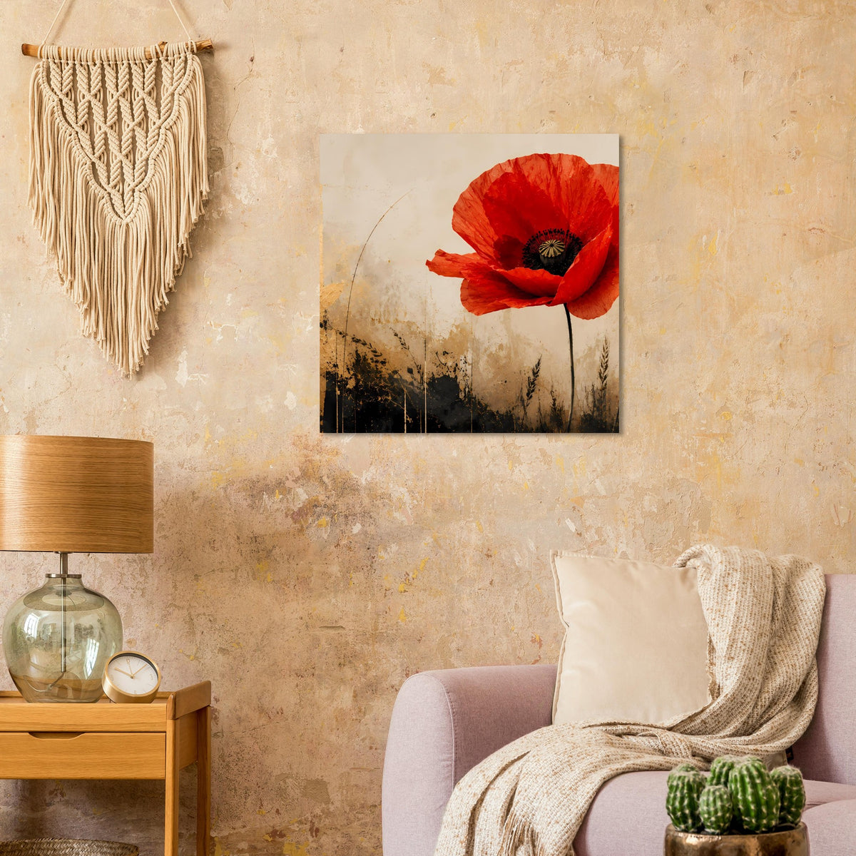 Quadratisches Wandposter mit roter Mohnblume auf beigem Kunstmotiv mit dunklen Pflanzenstrichen