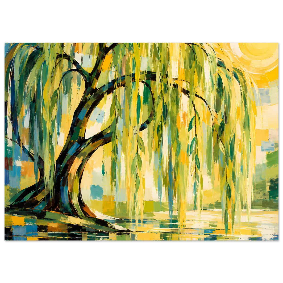 Querformat-Poster mit Weidenbaum, grünen Trieben, gelbem Himmel und ruhigem Wasser