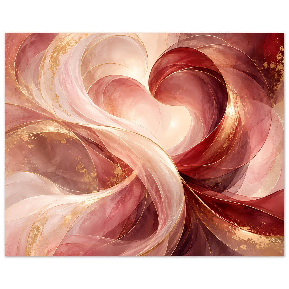 Querformatiges Poster mit abstraktem Herzmotiv in Rot, Gold und beigen Rosenschattierungen
