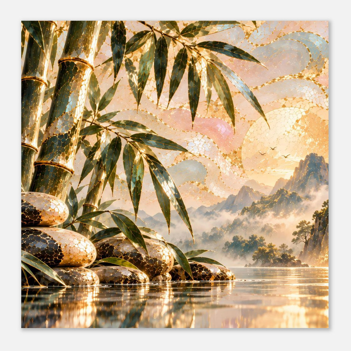 Zen-Poster mit Bambuszweig, glatten Steinen, Spiegelung im Wasser und goldener Landschaft