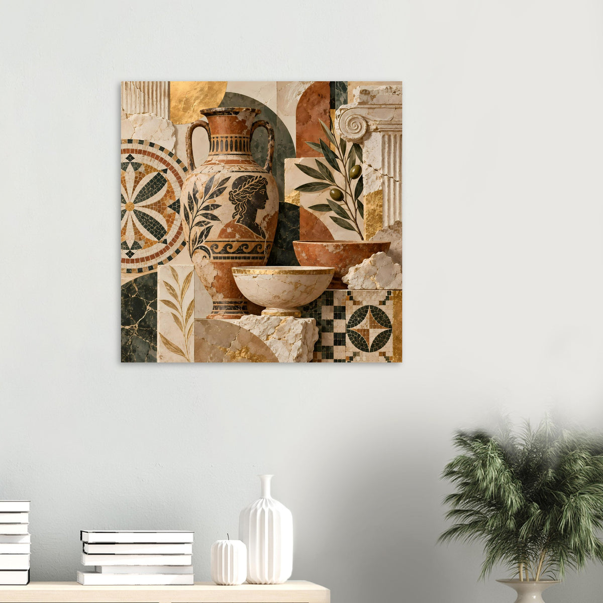 Mosaikposter mit Keramikvase, Schale und Olivenzweig, ergänzt durch Mosaikquadrate