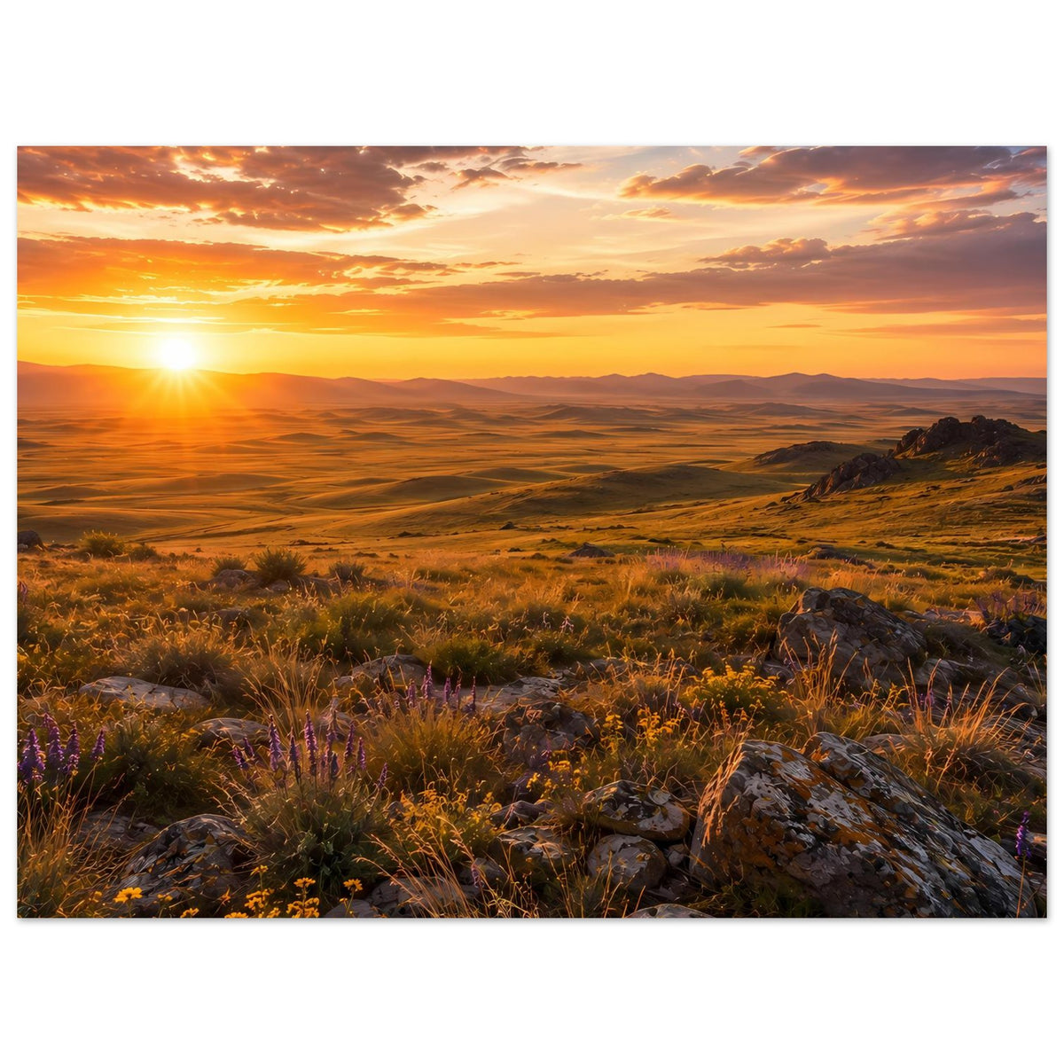 Horizontales Naturposter mit Sonnenuntergang, ruhigem Tal und Felsbrocken in Blumenwiese