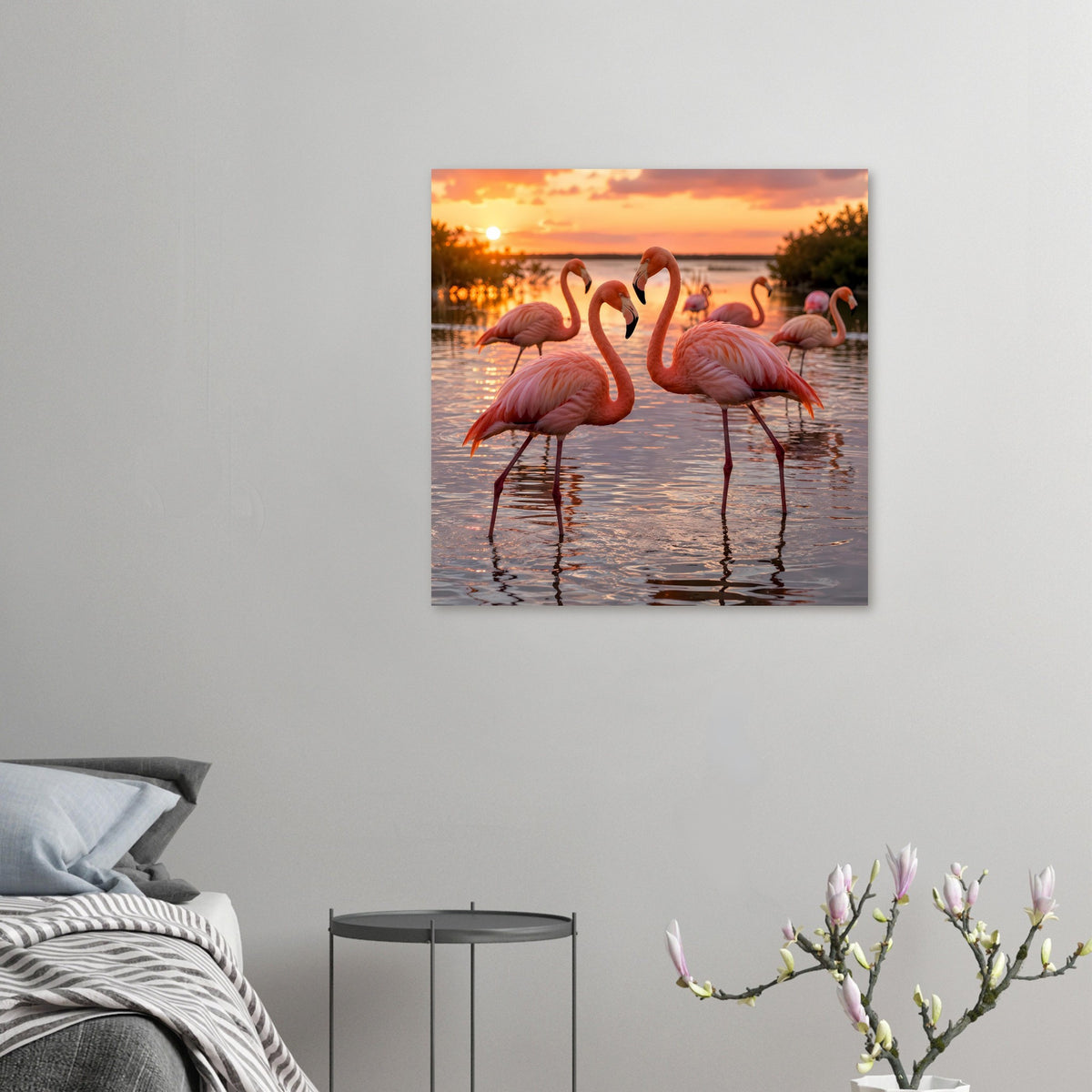 Wandposter mit Flamingo-Motiv bei Sonnenuntergang, rosa Vögel mit Wasserreflexion