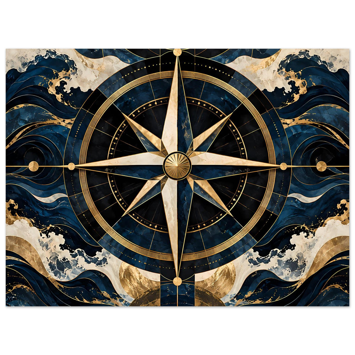 Maritimes Navigationsposter mit Kompassrose in Dunkelblau und Gold, Querformat